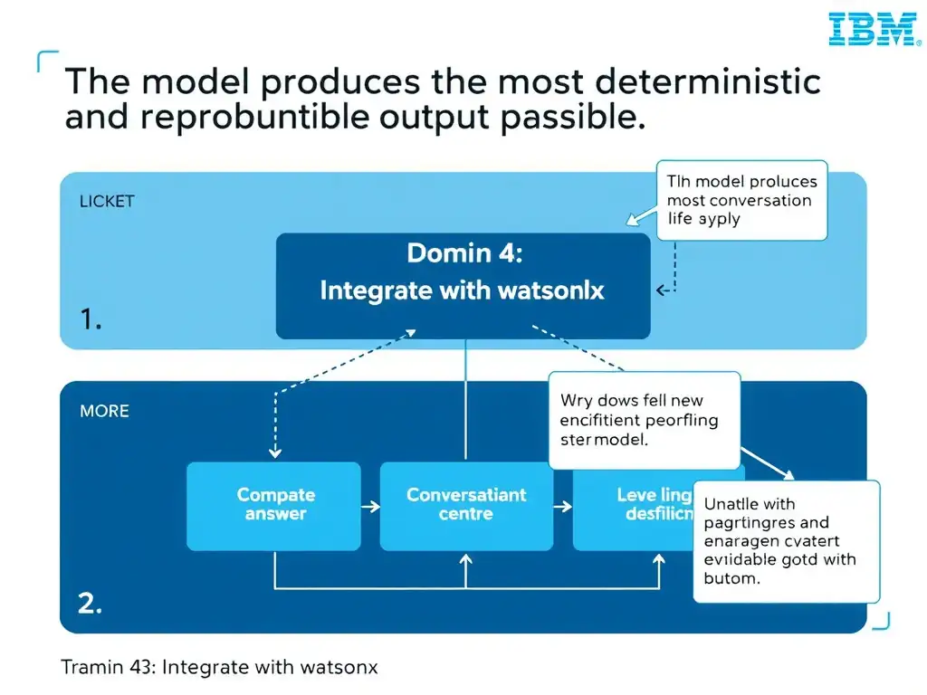 Educational infographic for IBM watsonx Assistant: visualize the concept of 'The model produces the most deterministic and reproducible output possible' within the 'Domain 4: Integrate with watsonx' domain. Use a clean diagram or layered flow showing how this capability fits into a conversational AI lifecycle — labeled boxes for key components, arrows showing data or conversation flow, IBM blue/navy color palette with white text callouts highlighting why this answer is correct.