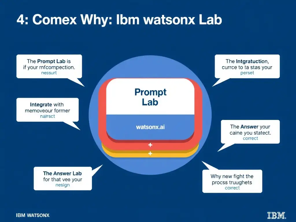 Educational infographic for IBM watsonx Assistant: visualize the concept of 'The Prompt Lab in watsonx.ai' within the 'Domain 4: Integrate with watsonx' domain. Use a clean diagram or layered flow showing how this capability fits into a conversational AI lifecycle — labeled boxes for key components, arrows showing data or conversation flow, IBM blue/navy color palette with white text callouts highlighting why this answer is correct.
