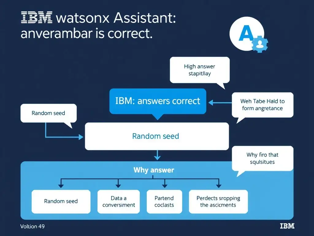Educational infographic for IBM watsonx Assistant: visualize the concept of 'Random seed' within the 'Domain 4: Integrate with watsonx' domain. Use a clean diagram or layered flow showing how this capability fits into a conversational AI lifecycle — labeled boxes for key components, arrows showing data or conversation flow, IBM blue/navy color palette with white text callouts highlighting why this answer is correct.