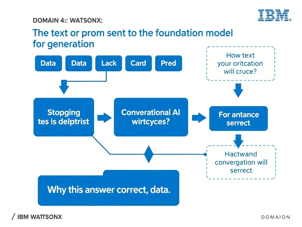 Educational infographic for IBM watsonx Assistant: visualize the concept of 'The text or prompt sent to the foundation model for generation' within the 'Domain 4: Integrate with watsonx' domain. Use a clean diagram or layered flow showing how this capability fits into a conversational AI lifecycle — labeled boxes for key components, arrows showing data or conversation flow, IBM blue/navy color palette with white text callouts highlighting why this answer is correct.
