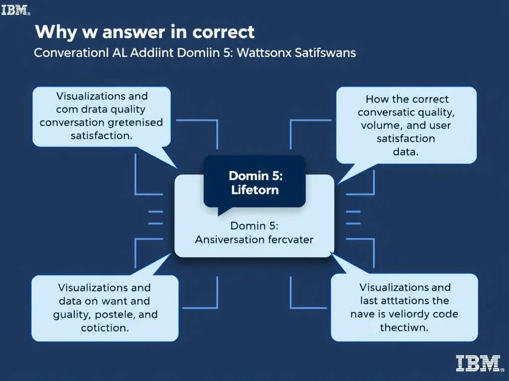 Educational infographic for IBM watsonx Assistant: visualize the concept of 'Visualizations and data on conversation quality; volume; and user satisfaction' within the 'Domain 5: Administration' domain. Use a clean diagram or layered flow showing how this capability fits into a conversational AI lifecycle — labeled boxes for key components, arrows showing data or conversation flow, IBM blue/navy color palette with white text callouts highlighting why this answer is correct.