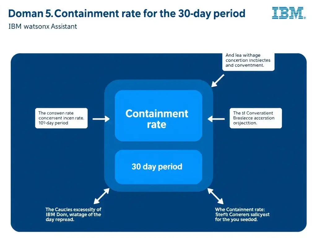 Educational infographic for IBM watsonx Assistant: visualize the concept of 'Containment rate for the 30-day period' within the 'Domain 5: Administration' domain. Use a clean diagram or layered flow showing how this capability fits into a conversational AI lifecycle — labeled boxes for key components, arrows showing data or conversation flow, IBM blue/navy color palette with white text callouts highlighting why this answer is correct.