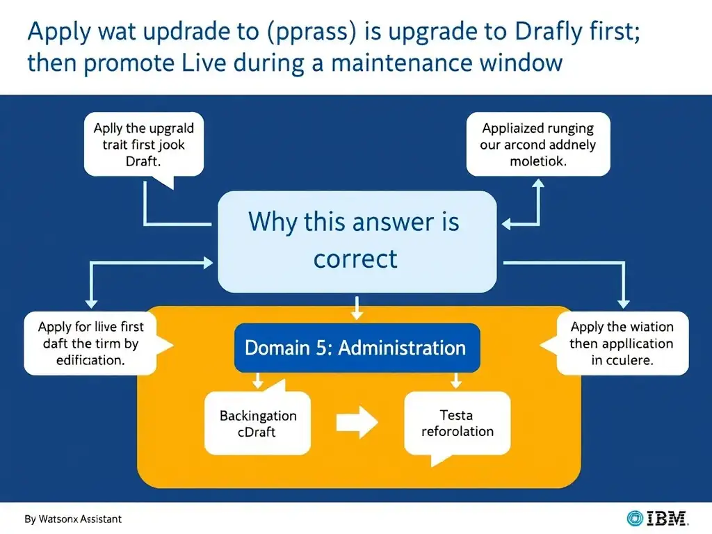 Educational infographic for IBM watsonx Assistant: visualize the concept of 'Apply the upgrade to Draft first; test thoroughly; then promote to Live during a maintenance window' within the 'Domain 5: Administration' domain. Use a clean diagram or layered flow showing how this capability fits into a conversational AI lifecycle — labeled boxes for key components, arrows showing data or conversation flow, IBM blue/navy color palette with white text callouts highlighting why this answer is correct.