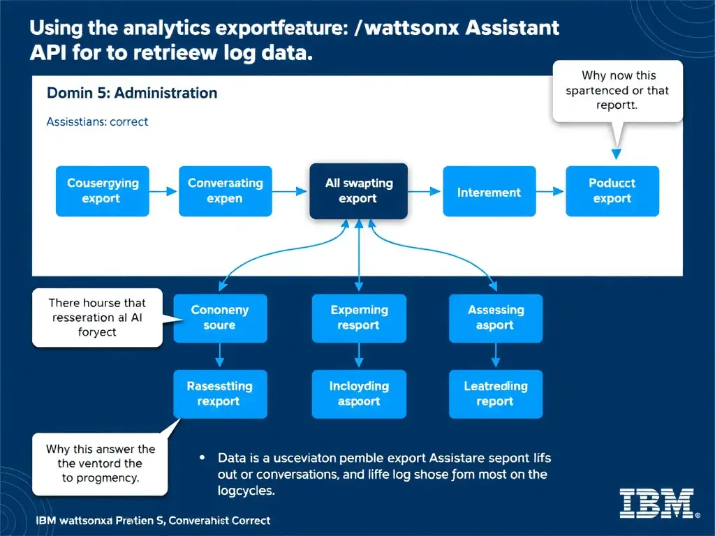 Educational infographic for IBM watsonx Assistant: visualize the concept of 'Using the analytics export feature or the watsonx Assistant API to retrieve log data' within the 'Domain 5: Administration' domain. Use a clean diagram or layered flow showing how this capability fits into a conversational AI lifecycle — labeled boxes for key components, arrows showing data or conversation flow, IBM blue/navy color palette with white text callouts highlighting why this answer is correct.