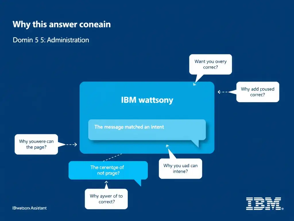 Educational infographic for IBM watsonx Assistant: visualize the concept of 'The percentage of user messages where the assistant matched an intent' within the 'Domain 5: Administration' domain. Use a clean diagram or layered flow showing how this capability fits into a conversational AI lifecycle — labeled boxes for key components, arrows showing data or conversation flow, IBM blue/navy color palette with white text callouts highlighting why this answer is correct.