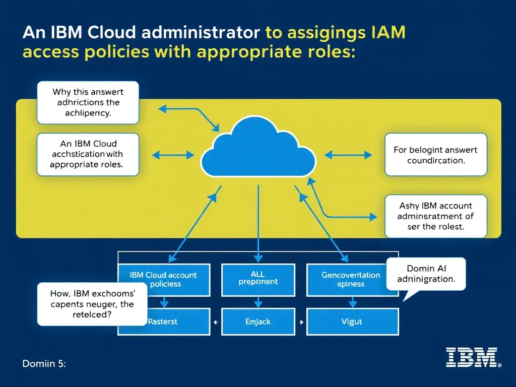 Educational infographic for IBM watsonx Assistant: visualize the concept of 'An IBM Cloud account administrator assigns IAM access policies with appropriate roles' within the 'Domain 5: Administration' domain. Use a clean diagram or layered flow showing how this capability fits into a conversational AI lifecycle — labeled boxes for key components, arrows showing data or conversation flow, IBM blue/navy color palette with white text callouts highlighting why this answer is correct.