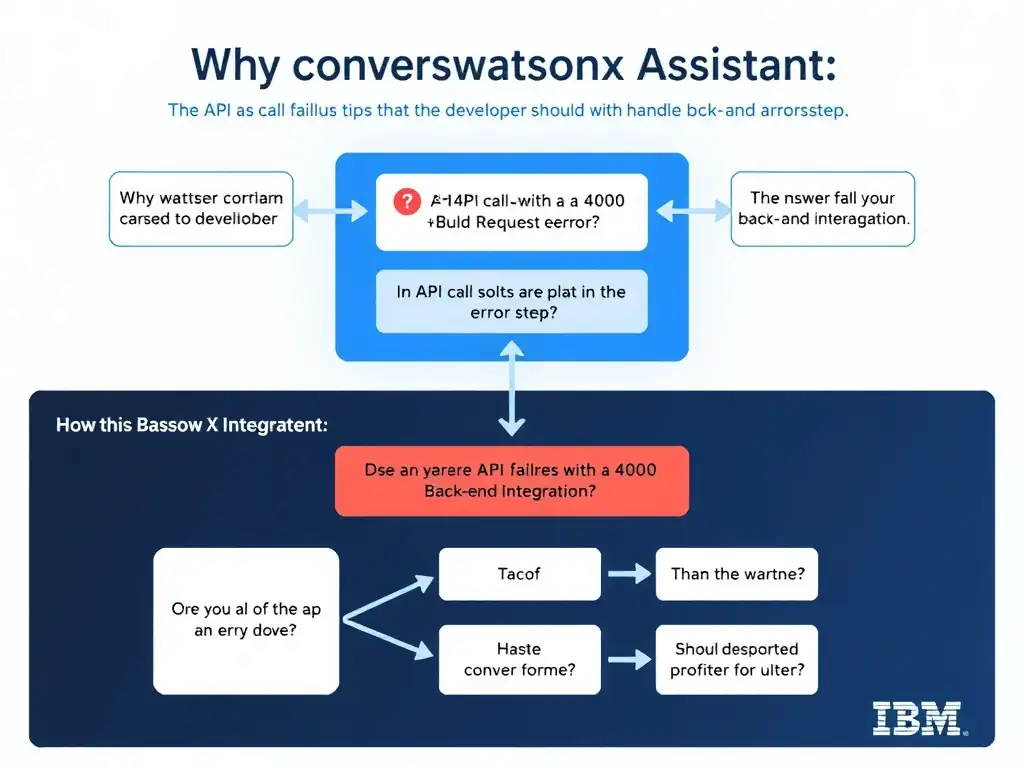 Educational infographic for IBM watsonx Assistant: visualize the concept of 'The API call fails with a 400 Bad Request error that the developer should handle with an error step' within the 'Domain 6: Build Back-End Integrations' domain. Use a clean diagram or layered flow showing how this capability fits into a conversational AI lifecycle — labeled boxes for key components, arrows showing data or conversation flow, IBM blue/navy color palette with white text callouts highlighting why this answer is correct.
