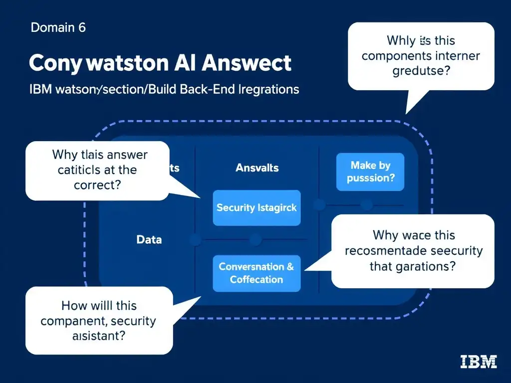 Educational infographic for IBM watsonx Assistant: visualize the concept of 'The components/securitySchemes section' within the 'Domain 6: Build Back-End Integrations' domain. Use a clean diagram or layered flow showing how this capability fits into a conversational AI lifecycle — labeled boxes for key components, arrows showing data or conversation flow, IBM blue/navy color palette with white text callouts highlighting why this answer is correct.