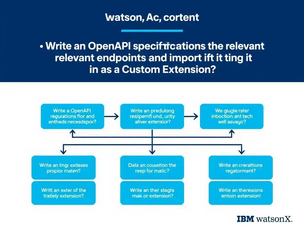 Educational infographic for IBM watsonx Assistant: visualize the concept of 'Write an OpenAPI specification for the relevant endpoints and import it as a custom extension' within the 'Domain 6: Build Back-End Integrations' domain. Use a clean diagram or layered flow showing how this capability fits into a conversational AI lifecycle — labeled boxes for key components, arrows showing data or conversation flow, IBM blue/navy color palette with white text callouts highlighting why this answer is correct.