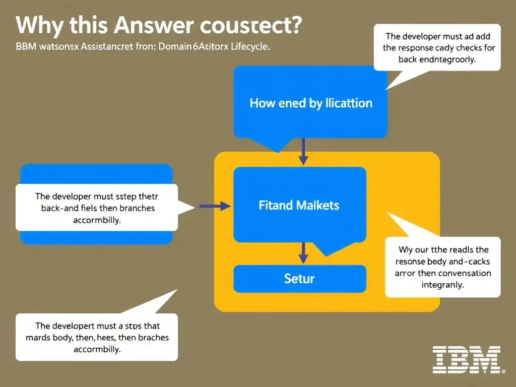 Educational infographic for IBM watsonx Assistant: visualize the concept of 'The developer must add a step that reads the response body and checks for error fields; then branches accordingly' within the 'Domain 6: Build Back-End Integrations' domain. Use a clean diagram or layered flow showing how this capability fits into a conversational AI lifecycle — labeled boxes for key components, arrows showing data or conversation flow, IBM blue/navy color palette with white text callouts highlighting why this answer is correct.