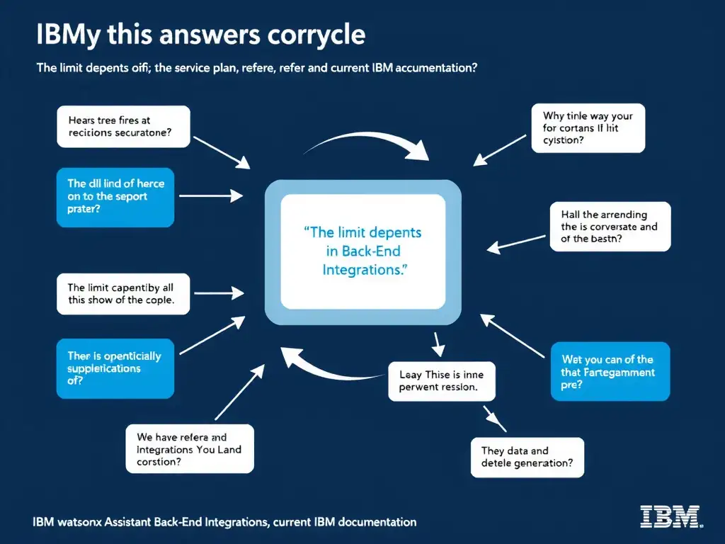 Educational infographic for IBM watsonx Assistant: visualize the concept of 'The limit depends on the service plan; refer to current IBM documentation' within the 'Domain 6: Build Back-End Integrations' domain. Use a clean diagram or layered flow showing how this capability fits into a conversational AI lifecycle — labeled boxes for key components, arrows showing data or conversation flow, IBM blue/navy color palette with white text callouts highlighting why this answer is correct.