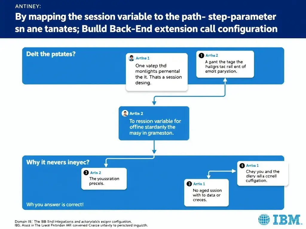Educational infographic for IBM watsonx Assistant: visualize the concept of 'By mapping the session variable to the path parameter in the action step extension call configuration' within the 'Domain 6: Build Back-End Integrations' domain. Use a clean diagram or layered flow showing how this capability fits into a conversational AI lifecycle — labeled boxes for key components, arrows showing data or conversation flow, IBM blue/navy color palette with white text callouts highlighting why this answer is correct.
