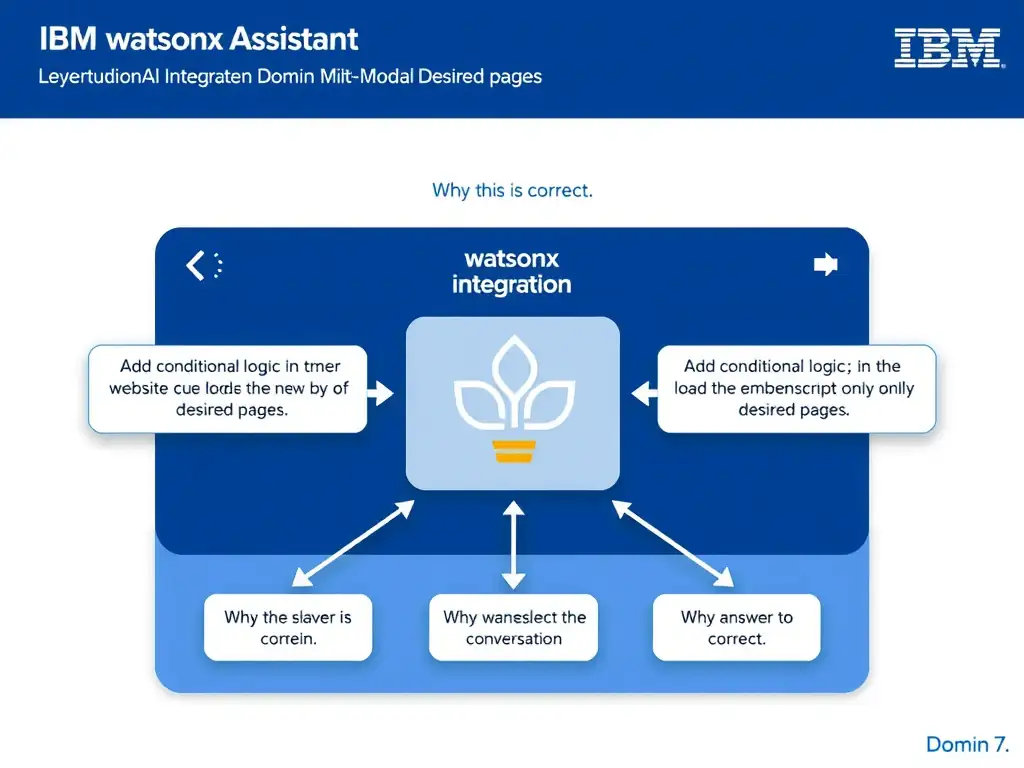 Educational infographic for IBM watsonx Assistant: visualize the concept of 'Add conditional logic in the website code to load the embed script only on the desired pages' within the 'Domain 7: Multi-Modal Integration' domain. Use a clean diagram or layered flow showing how this capability fits into a conversational AI lifecycle — labeled boxes for key components, arrows showing data or conversation flow, IBM blue/navy color palette with white text callouts highlighting why this answer is correct.
