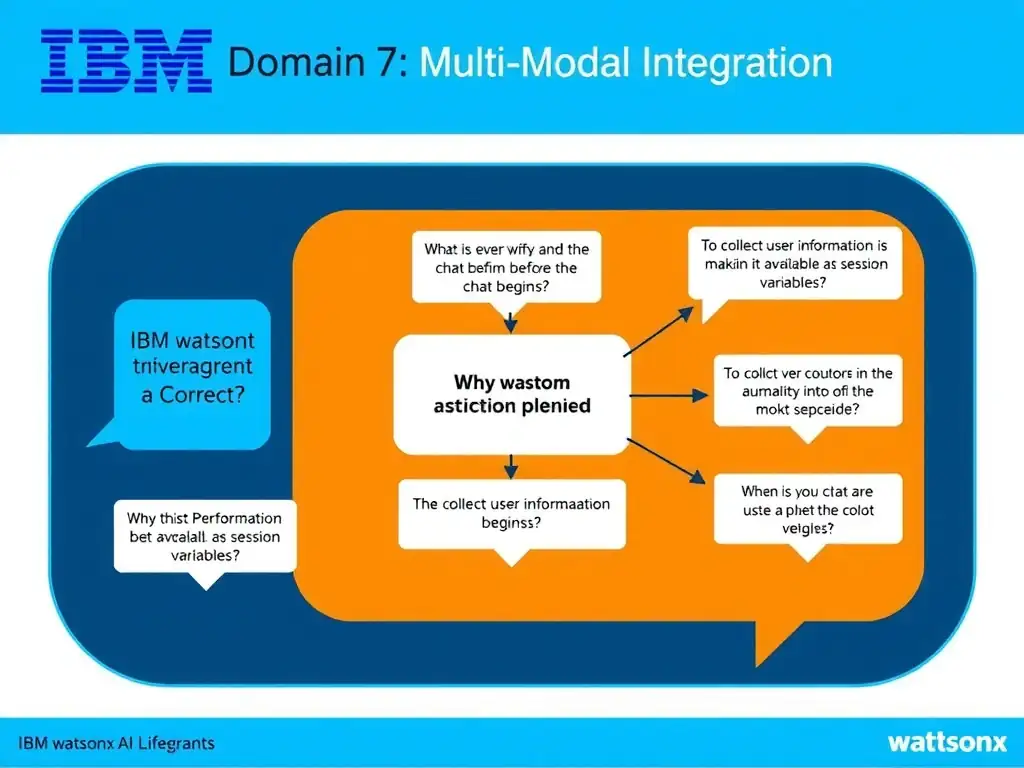 Educational infographic for IBM watsonx Assistant: visualize the concept of 'To collect user information before the chat begins; making it available as session variables' within the 'Domain 7: Multi-Modal Integration' domain. Use a clean diagram or layered flow showing how this capability fits into a conversational AI lifecycle — labeled boxes for key components, arrows showing data or conversation flow, IBM blue/navy color palette with white text callouts highlighting why this answer is correct.