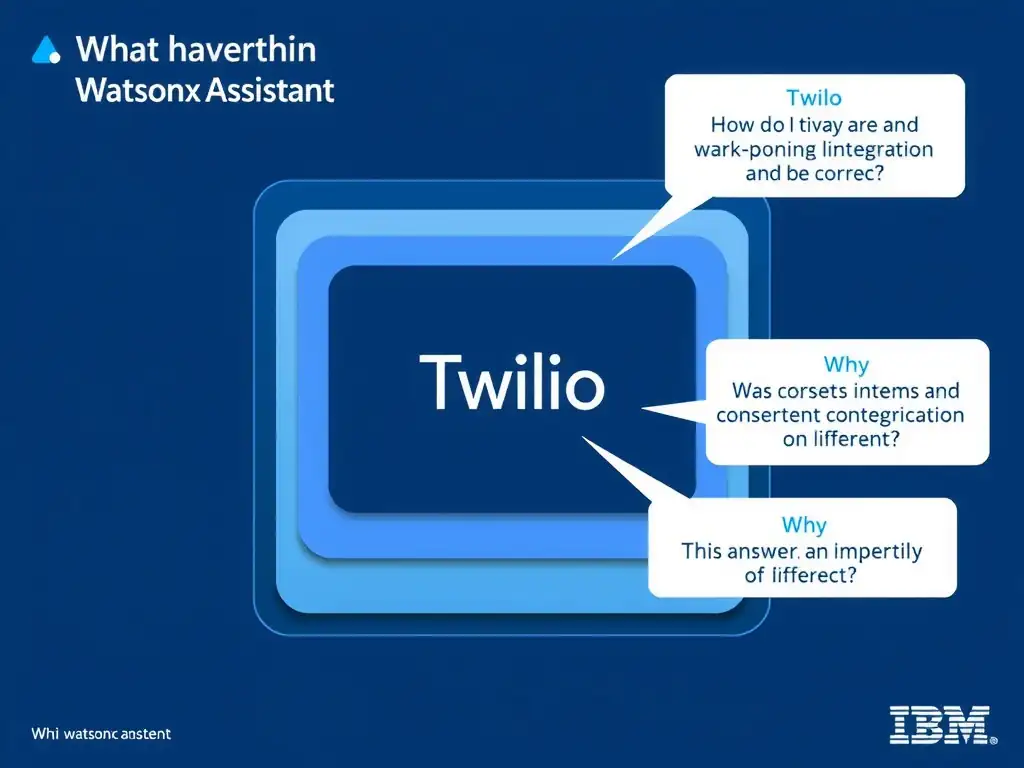 Educational infographic for IBM watsonx Assistant: visualize the concept of 'Twilio' within the 'Domain 7: Multi-Modal Integration' domain. Use a clean diagram or layered flow showing how this capability fits into a conversational AI lifecycle — labeled boxes for key components, arrows showing data or conversation flow, IBM blue/navy color palette with white text callouts highlighting why this answer is correct.