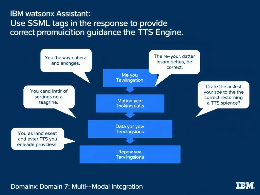 Educational infographic for IBM watsonx Assistant: visualize the concept of 'Use SSML tags in the response to provide correct pronunciation guidance to the TTS engine' within the 'Domain 7: Multi-Modal Integration' domain. Use a clean diagram or layered flow showing how this capability fits into a conversational AI lifecycle — labeled boxes for key components, arrows showing data or conversation flow, IBM blue/navy color palette with white text callouts highlighting why this answer is correct.