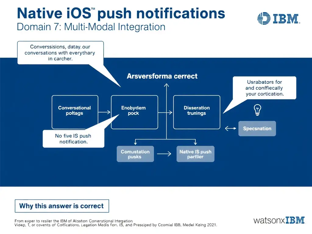 Educational infographic for IBM watsonx Assistant: visualize the concept of 'Native iOS push notifications' within the 'Domain 7: Multi-Modal Integration' domain. Use a clean diagram or layered flow showing how this capability fits into a conversational AI lifecycle — labeled boxes for key components, arrows showing data or conversation flow, IBM blue/navy color palette with white text callouts highlighting why this answer is correct.