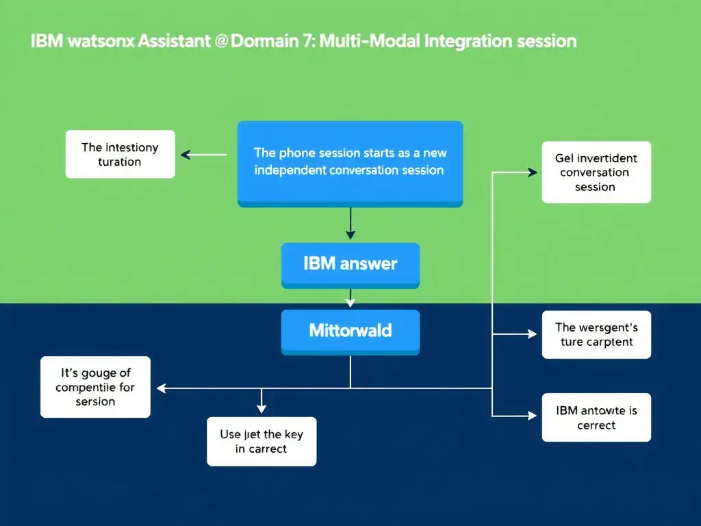 Educational infographic for IBM watsonx Assistant: visualize the concept of 'The phone session starts as a new independent conversation session' within the 'Domain 7: Multi-Modal Integration' domain. Use a clean diagram or layered flow showing how this capability fits into a conversational AI lifecycle — labeled boxes for key components, arrows showing data or conversation flow, IBM blue/navy color palette with white text callouts highlighting why this answer is correct.