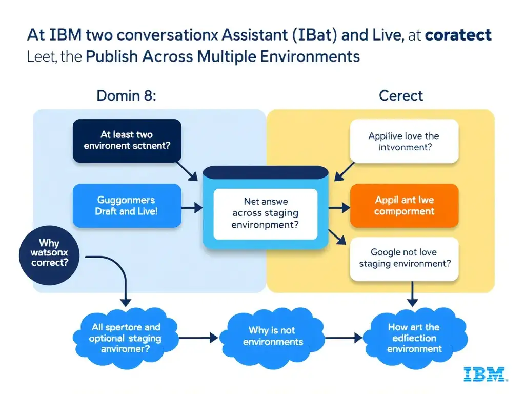 Educational infographic for IBM watsonx Assistant: visualize the concept of 'At least two environments (Draft and Live) with an optional staging environment' within the 'Domain 8: Publish Across Multiple Environments' domain. Use a clean diagram or layered flow showing how this capability fits into a conversational AI lifecycle — labeled boxes for key components, arrows showing data or conversation flow, IBM blue/navy color palette with white text callouts highlighting why this answer is correct.
