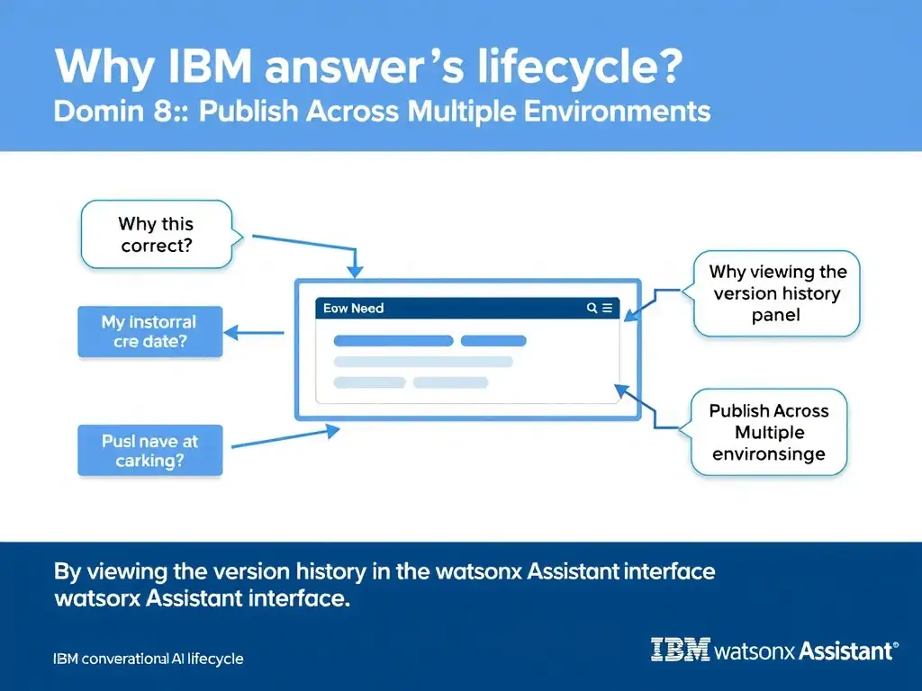 Educational infographic for IBM watsonx Assistant: visualize the concept of 'By viewing the version history panel in the watsonx Assistant interface' within the 'Domain 8: Publish Across Multiple Environments' domain. Use a clean diagram or layered flow showing how this capability fits into a conversational AI lifecycle — labeled boxes for key components, arrows showing data or conversation flow, IBM blue/navy color palette with white text callouts highlighting why this answer is correct.