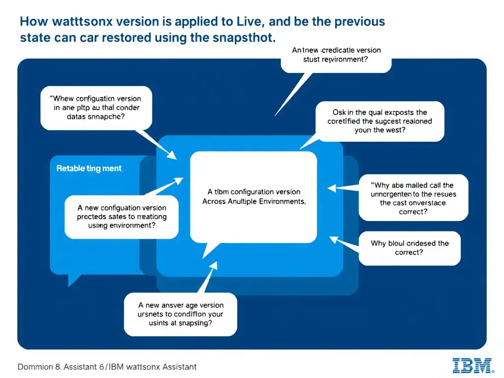 Educational infographic for IBM watsonx Assistant: visualize the concept of 'A new configuration version is applied to Live; and the previous state can be restored using a snapshot' within the 'Domain 8: Publish Across Multiple Environments' domain. Use a clean diagram or layered flow showing how this capability fits into a conversational AI lifecycle — labeled boxes for key components, arrows showing data or conversation flow, IBM blue/navy color palette with white text callouts highlighting why this answer is correct.