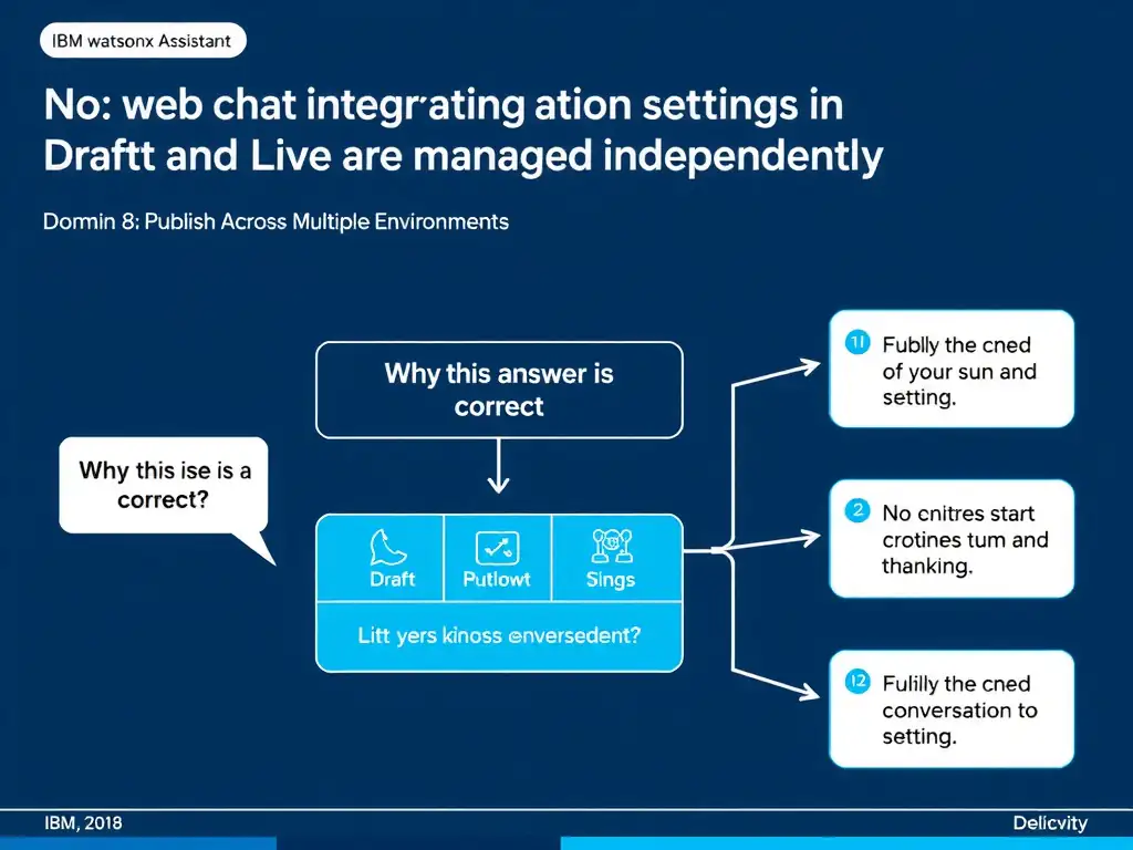 Educational infographic for IBM watsonx Assistant: visualize the concept of 'No; web chat integration settings in Draft and Live are managed independently' within the 'Domain 8: Publish Across Multiple Environments' domain. Use a clean diagram or layered flow showing how this capability fits into a conversational AI lifecycle — labeled boxes for key components, arrows showing data or conversation flow, IBM blue/navy color palette with white text callouts highlighting why this answer is correct.