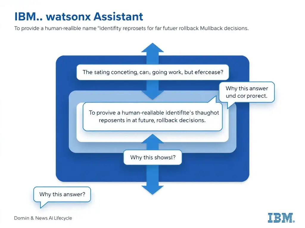 Educational infographic for IBM watsonx Assistant: visualize the concept of 'To provide a human-readable name identifying what state the snapshot represents for future rollback decisions' within the 'Domain 8: Publish Across Multiple Environments' domain. Use a clean diagram or layered flow showing how this capability fits into a conversational AI lifecycle — labeled boxes for key components, arrows showing data or conversation flow, IBM blue/navy color palette with white text callouts highlighting why this answer is correct.