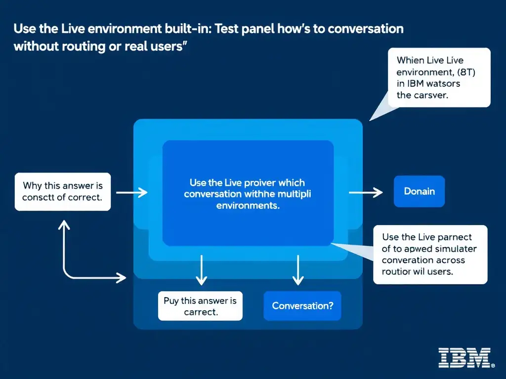 Educational infographic for IBM watsonx Assistant: visualize the concept of 'Use the Live environment built-in Test panel which simulates conversation without routing to real users' within the 'Domain 8: Publish Across Multiple Environments' domain. Use a clean diagram or layered flow showing how this capability fits into a conversational AI lifecycle — labeled boxes for key components, arrows showing data or conversation flow, IBM blue/navy color palette with white text callouts highlighting why this answer is correct.