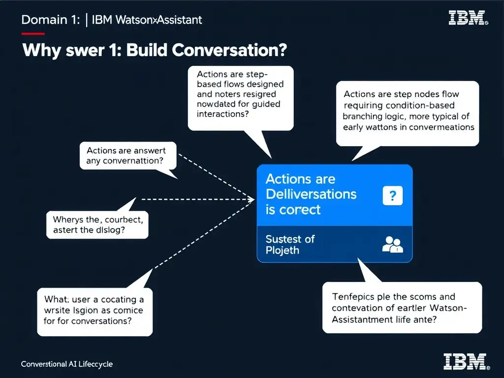 Educational infographic for IBM watsonx Assistant: visualize the concept of 'Actions are step-based flows designed for guided interactions; dialog uses a tree of nodes requiring condition-based branching logic more typical of earlier Watson Assistant versions' within the 'Domain 1: Build Conversations' domain. Use a clean diagram or layered flow showing how this capability fits into a conversational AI lifecycle — labeled boxes for key components, arrows showing data or conversation flow, IBM blue/navy color palette with white text callouts highlighting why this answer is correct.