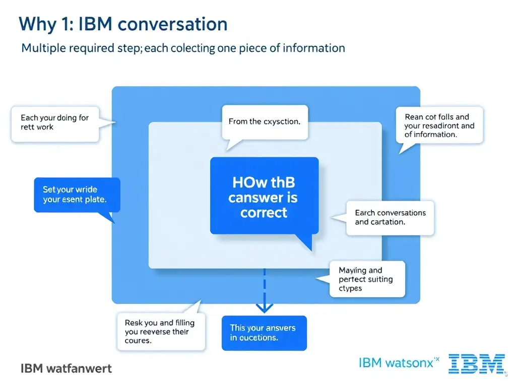 Educational infographic for IBM watsonx Assistant: visualize the concept of 'Multiple required slot filling steps; each collecting one piece of information' within the 'Domain 1: Build Conversations' domain. Use a clean diagram or layered flow showing how this capability fits into a conversational AI lifecycle — labeled boxes for key components, arrows showing data or conversation flow, IBM blue/navy color palette with white text callouts highlighting why this answer is correct.