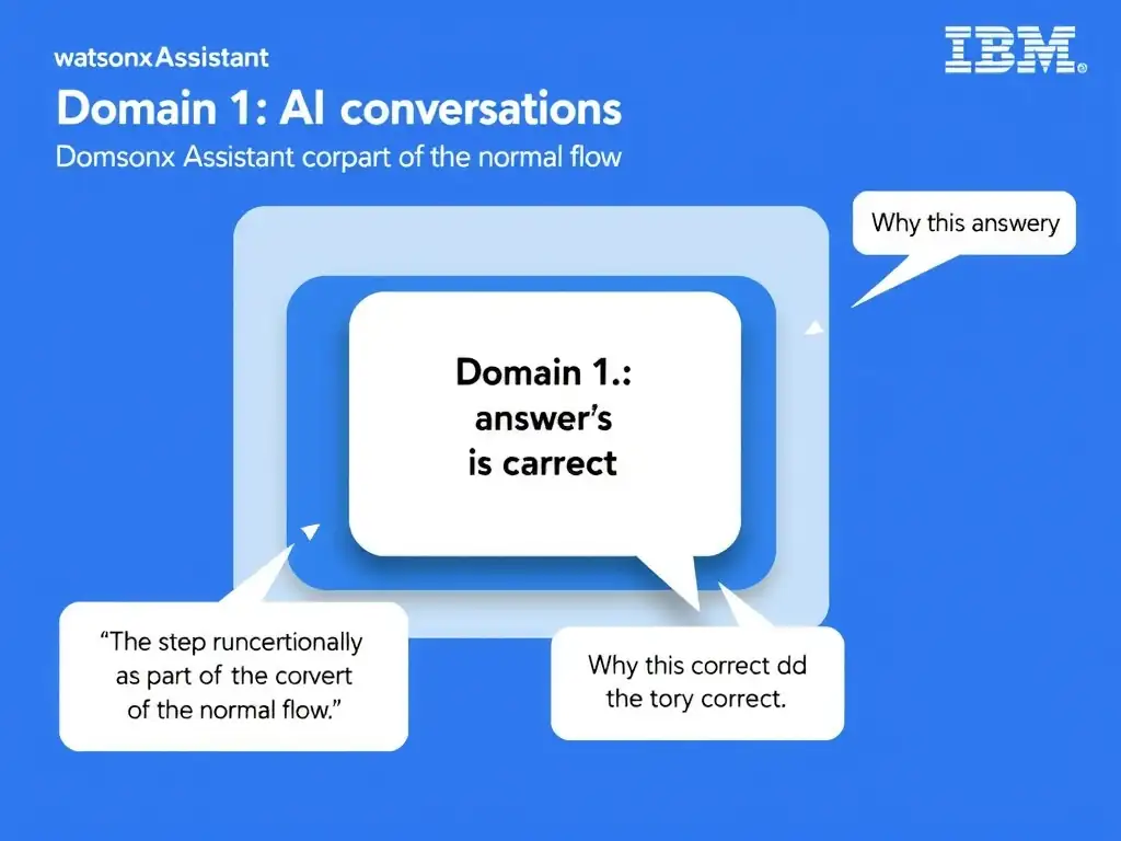 Educational infographic for IBM watsonx Assistant: visualize the concept of 'The step runs unconditionally as part of the normal flow' within the 'Domain 1: Build Conversations' domain. Use a clean diagram or layered flow showing how this capability fits into a conversational AI lifecycle — labeled boxes for key components, arrows showing data or conversation flow, IBM blue/navy color palette with white text callouts highlighting why this answer is correct.