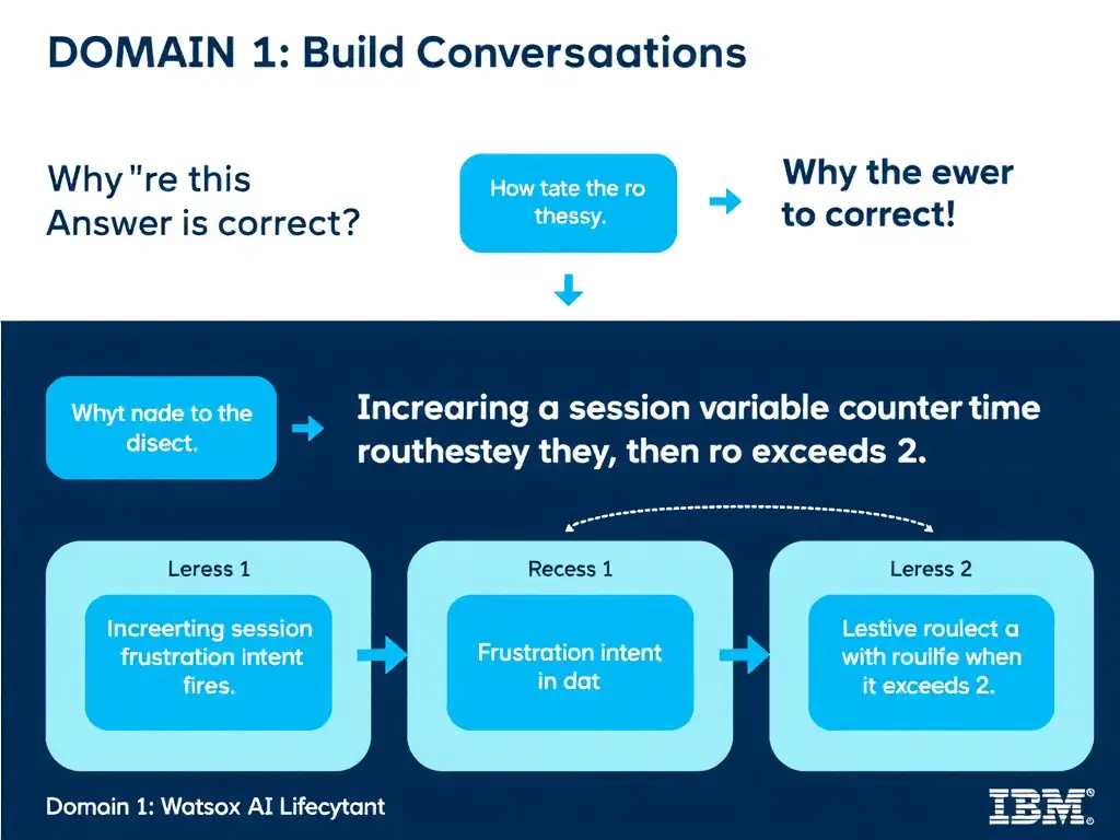 Educational infographic for IBM watsonx Assistant: visualize the concept of 'Incrementing a session variable counter each time a frustration intent fires; then routing when it exceeds 2' within the 'Domain 1: Build Conversations' domain. Use a clean diagram or layered flow showing how this capability fits into a conversational AI lifecycle — labeled boxes for key components, arrows showing data or conversation flow, IBM blue/navy color palette with white text callouts highlighting why this answer is correct.
