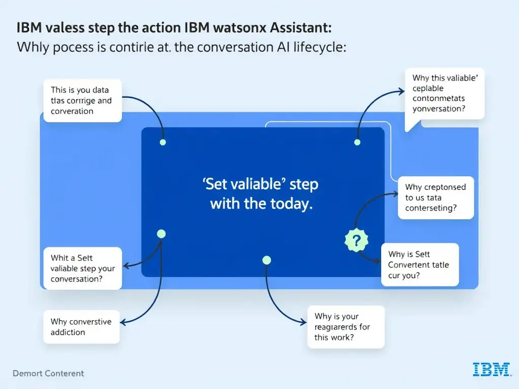 Educational infographic for IBM watsonx Assistant: visualize the concept of 'A 'Set variable' step within the action' within the 'Domain 1: Build Conversations' domain. Use a clean diagram or layered flow showing how this capability fits into a conversational AI lifecycle — labeled boxes for key components, arrows showing data or conversation flow, IBM blue/navy color palette with white text callouts highlighting why this answer is correct.