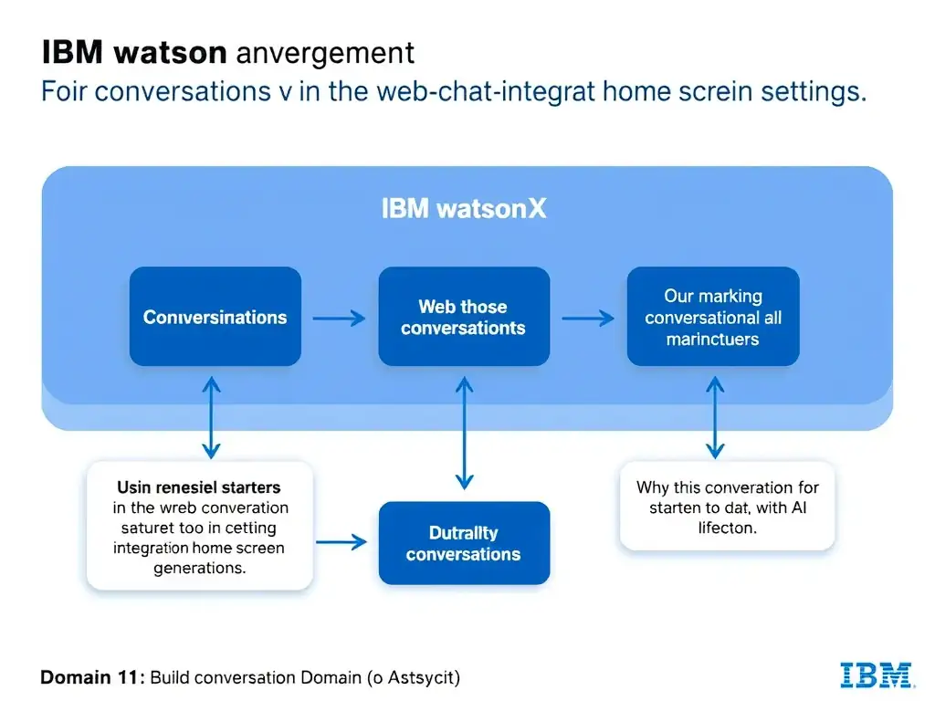 Educational infographic for IBM watsonx Assistant: visualize the concept of 'Using conversation starters in the web chat integration home screen settings' within the 'Domain 1: Build Conversations' domain. Use a clean diagram or layered flow showing how this capability fits into a conversational AI lifecycle — labeled boxes for key components, arrows showing data or conversation flow, IBM blue/navy color palette with white text callouts highlighting why this answer is correct.