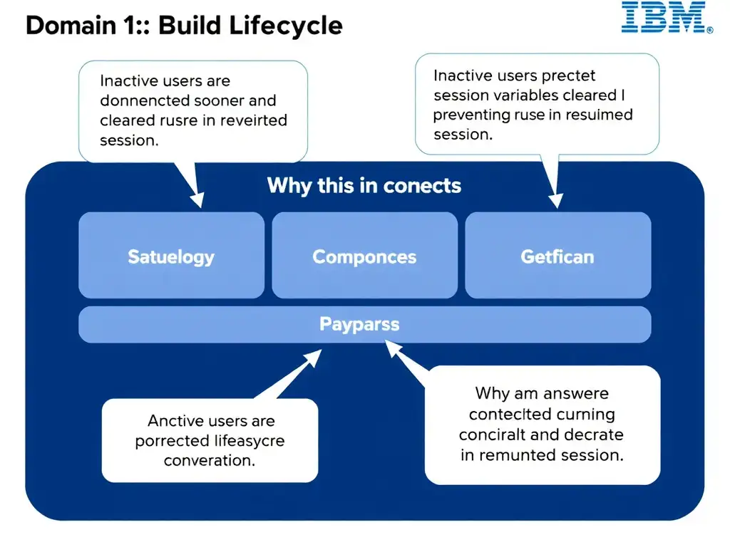 Educational infographic for IBM watsonx Assistant: visualize the concept of 'Inactive users are disconnected sooner and session variables are cleared; preventing reuse in a resumed session' within the 'Domain 1: Build Conversations' domain. Use a clean diagram or layered flow showing how this capability fits into a conversational AI lifecycle — labeled boxes for key components, arrows showing data or conversation flow, IBM blue/navy color palette with white text callouts highlighting why this answer is correct.