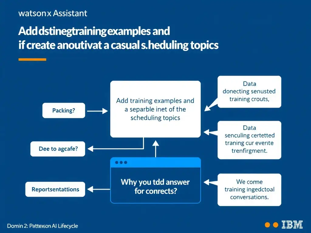 Educational infographic for IBM watsonx Assistant: visualize the concept of 'Add distinctive training examples and if needed create a separate intent for casual scheduling topics' within the 'Domain 2: Design and Extend Conversations' domain. Use a clean diagram or layered flow showing how this capability fits into a conversational AI lifecycle — labeled boxes for key components, arrows showing data or conversation flow, IBM blue/navy color palette with white text callouts highlighting why this answer is correct.