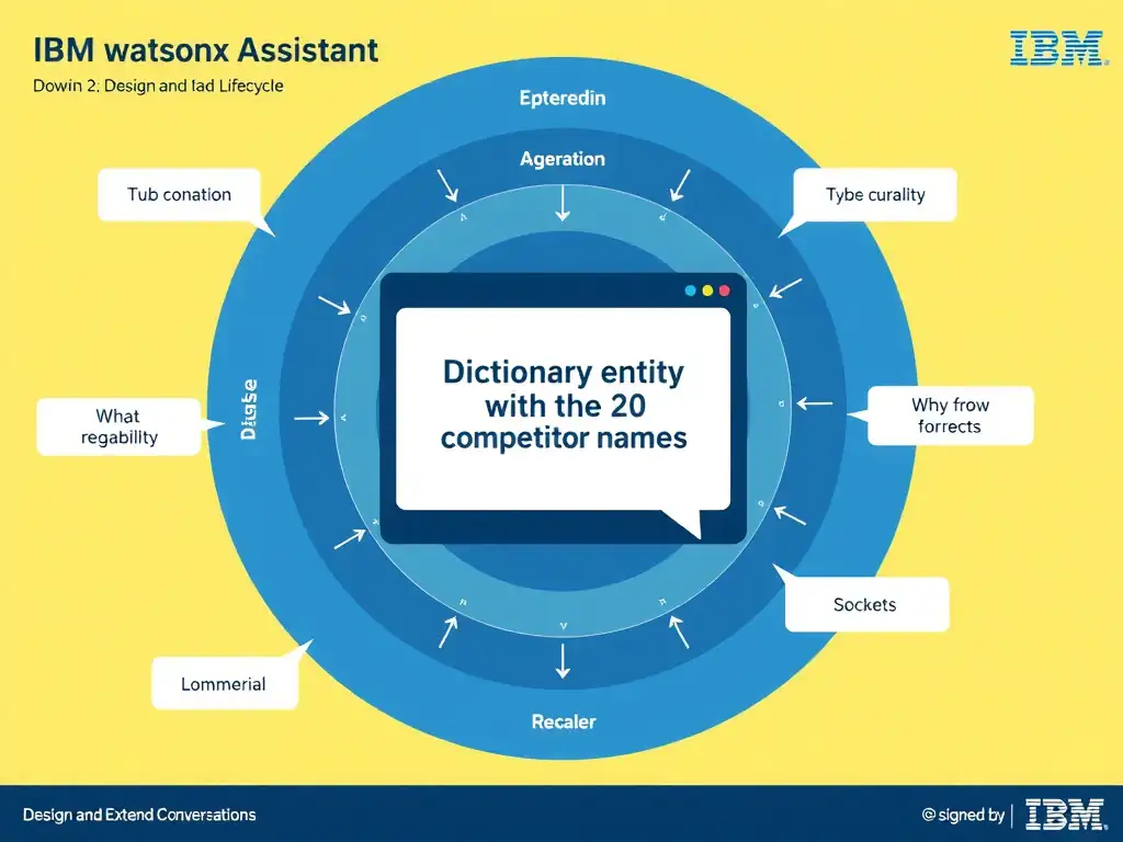 Educational infographic for IBM watsonx Assistant: visualize the concept of 'Dictionary entity with the 20 competitor names' within the 'Domain 2: Design and Extend Conversations' domain. Use a clean diagram or layered flow showing how this capability fits into a conversational AI lifecycle — labeled boxes for key components, arrows showing data or conversation flow, IBM blue/navy color palette with white text callouts highlighting why this answer is correct.