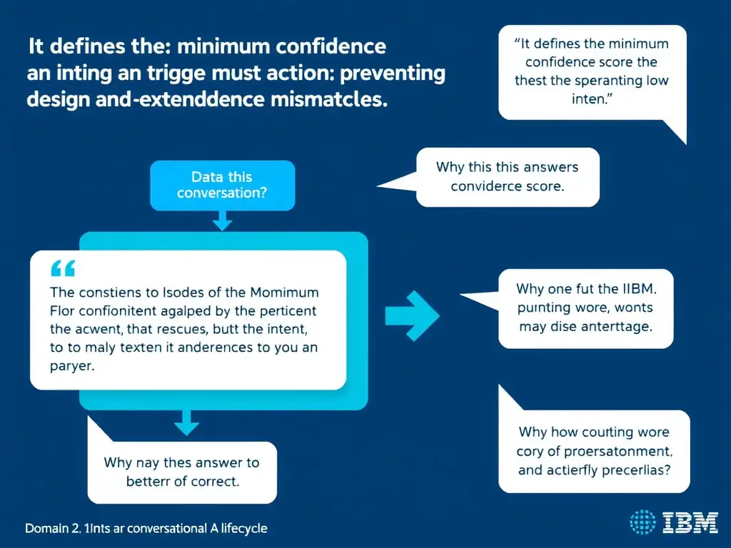 Educational infographic for IBM watsonx Assistant: visualize the concept of 'It defines the minimum confidence score an intent must reach to trigger its action; preventing low-confidence mismatches' within the 'Domain 2: Design and Extend Conversations' domain. Use a clean diagram or layered flow showing how this capability fits into a conversational AI lifecycle — labeled boxes for key components, arrows showing data or conversation flow, IBM blue/navy color palette with white text callouts highlighting why this answer is correct.