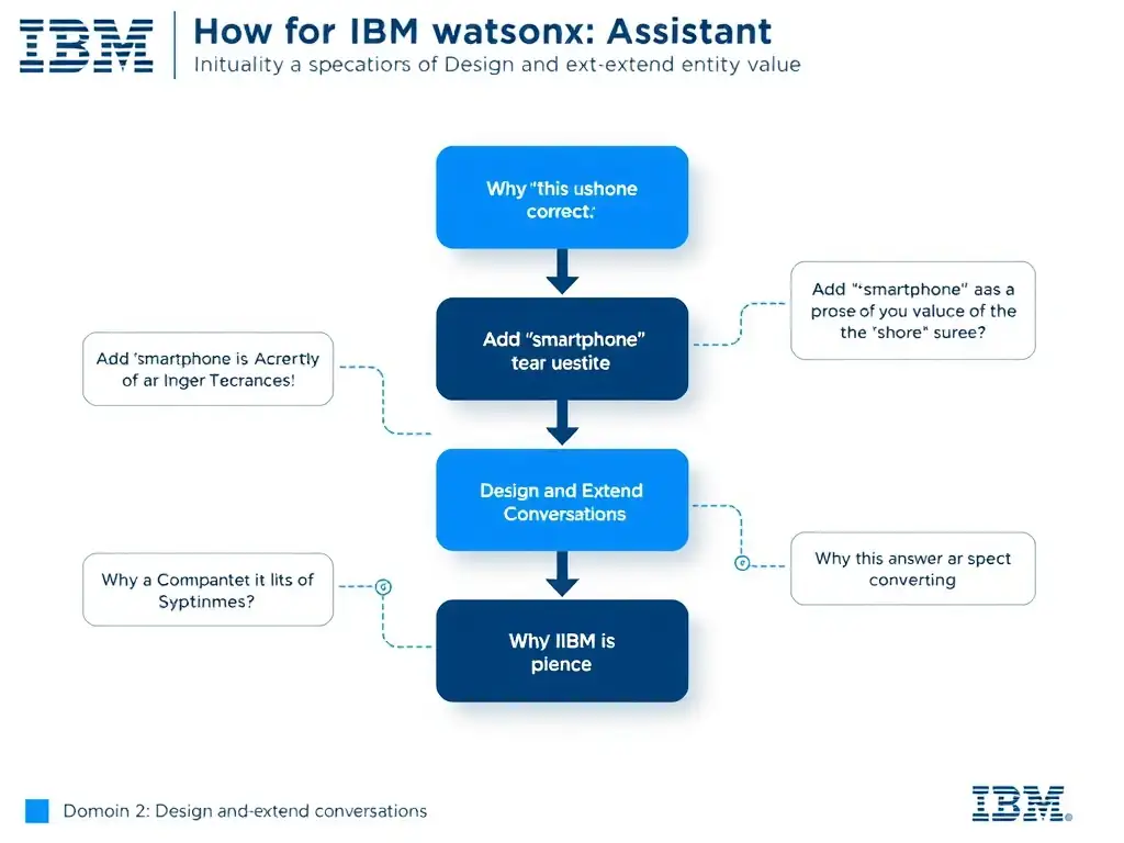 Educational infographic for IBM watsonx Assistant: visualize the concept of 'Add 'smartphone' as a synonym of the 'phone' entity value' within the 'Domain 2: Design and Extend Conversations' domain. Use a clean diagram or layered flow showing how this capability fits into a conversational AI lifecycle — labeled boxes for key components, arrows showing data or conversation flow, IBM blue/navy color palette with white text callouts highlighting why this answer is correct.