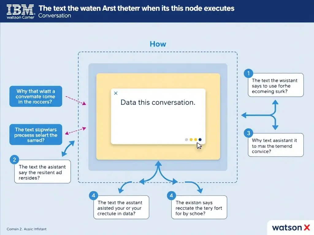 Educational infographic for IBM watsonx Assistant: visualize the concept of 'The text the assistant says to the user when this node executes' within the 'Domain 2: Design and Extend Conversations' domain. Use a clean diagram or layered flow showing how this capability fits into a conversational AI lifecycle — labeled boxes for key components, arrows showing data or conversation flow, IBM blue/navy color palette with white text callouts highlighting why this answer is correct.