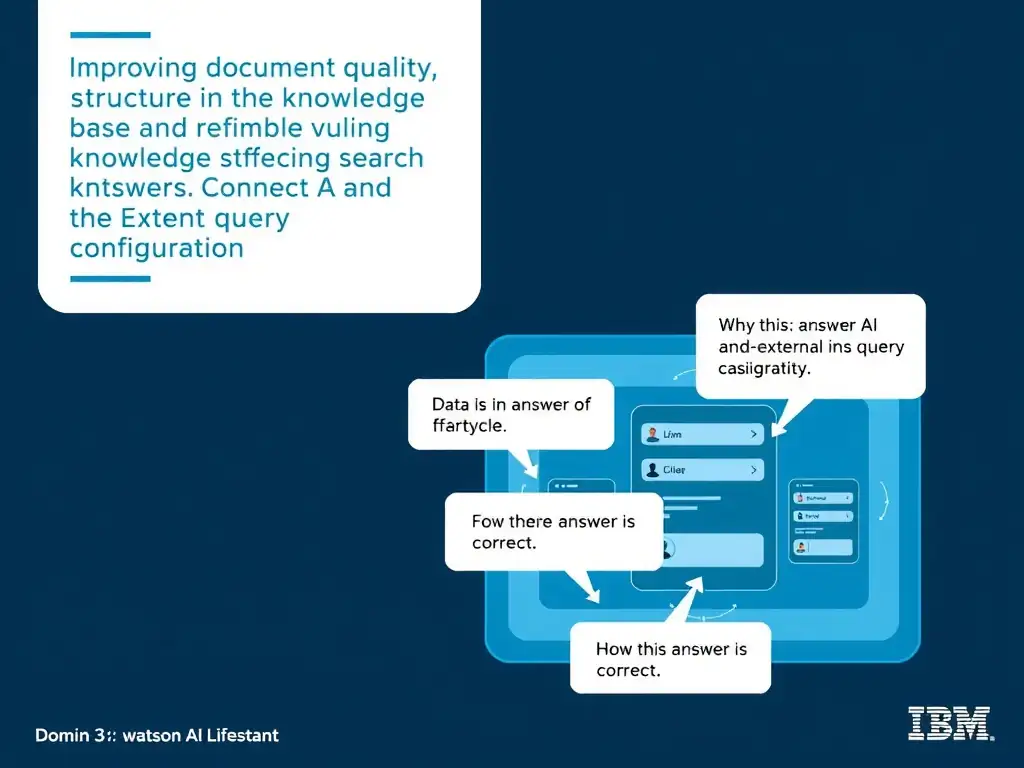 Educational infographic for IBM watsonx Assistant: visualize the concept of 'Improving document quality and structure in the knowledge base and refining the search query configuration' within the 'Domain 3: Connect AI and External Knowledge' domain. Use a clean diagram or layered flow showing how this capability fits into a conversational AI lifecycle — labeled boxes for key components, arrows showing data or conversation flow, IBM blue/navy color palette with white text callouts highlighting why this answer is correct.