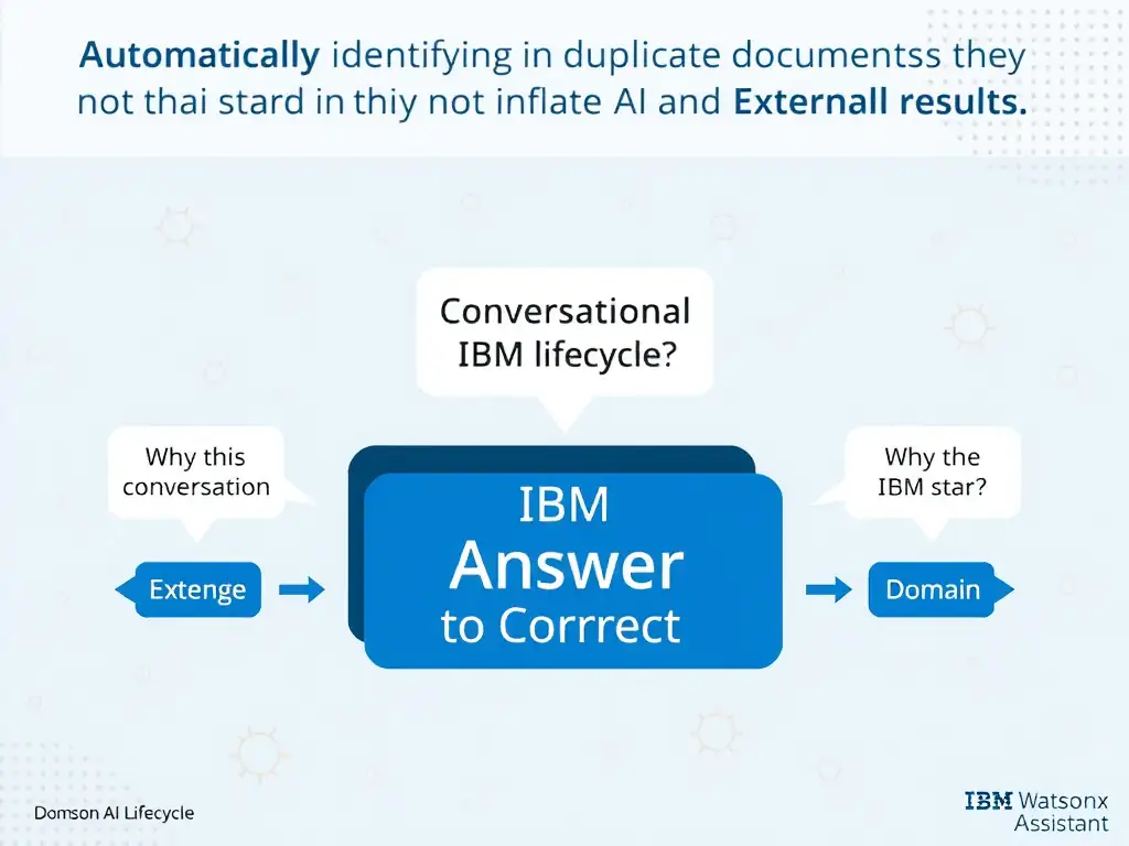 Educational infographic for IBM watsonx Assistant: visualize the concept of 'Automatically identifying and filtering duplicate documents so they do not inflate search results' within the 'Domain 3: Connect AI and External Knowledge' domain. Use a clean diagram or layered flow showing how this capability fits into a conversational AI lifecycle — labeled boxes for key components, arrows showing data or conversation flow, IBM blue/navy color palette with white text callouts highlighting why this answer is correct.