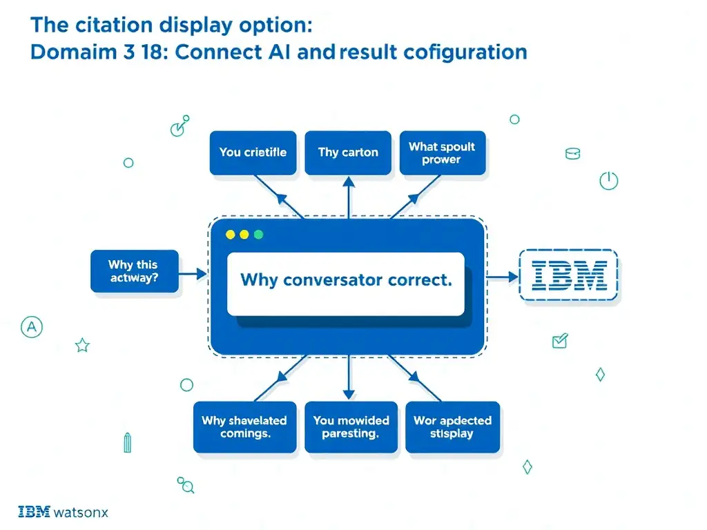 Educational infographic for IBM watsonx Assistant: visualize the concept of 'The citation display option in the search skill result configuration' within the 'Domain 3: Connect AI and External Knowledge' domain. Use a clean diagram or layered flow showing how this capability fits into a conversational AI lifecycle — labeled boxes for key components, arrows showing data or conversation flow, IBM blue/navy color palette with white text callouts highlighting why this answer is correct.