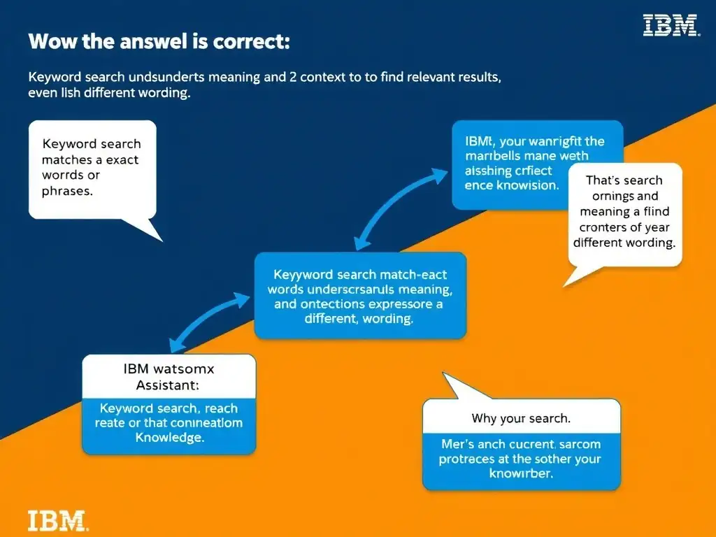 Educational infographic for IBM watsonx Assistant: visualize the concept of 'Keyword search matches exact words or phrases; semantic search understands meaning and context to find relevant results even with different wording' within the 'Domain 3: Connect AI and External Knowledge' domain. Use a clean diagram or layered flow showing how this capability fits into a conversational AI lifecycle — labeled boxes for key components, arrows showing data or conversation flow, IBM blue/navy color palette with white text callouts highlighting why this answer is correct.