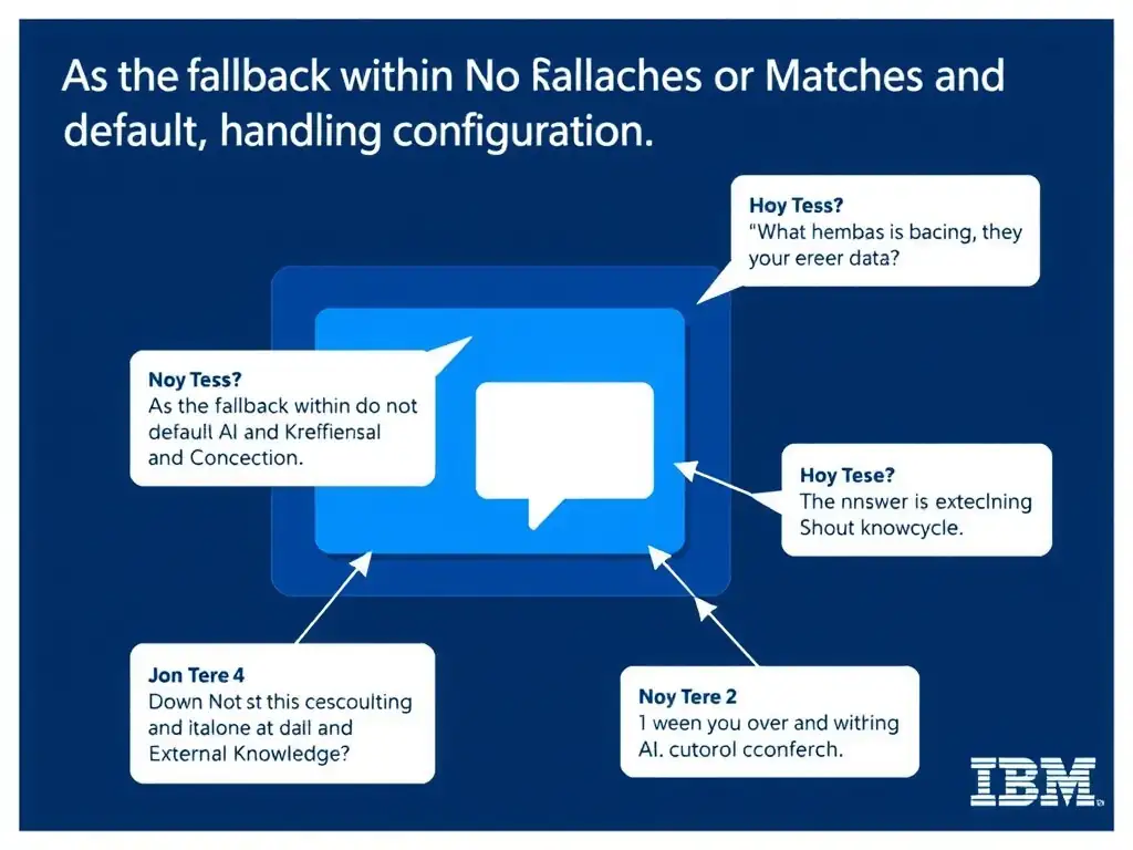 Educational infographic for IBM watsonx Assistant: visualize the concept of 'As the fallback within the No Matches or default handling configuration' within the 'Domain 3: Connect AI and External Knowledge' domain. Use a clean diagram or layered flow showing how this capability fits into a conversational AI lifecycle — labeled boxes for key components, arrows showing data or conversation flow, IBM blue/navy color palette with white text callouts highlighting why this answer is correct.