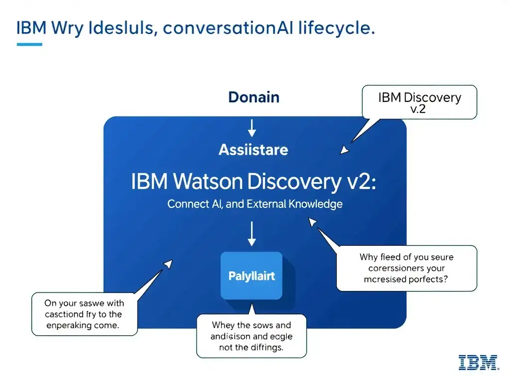 Educational infographic for IBM watsonx Assistant: visualize the concept of 'IBM Watson Discovery v2' within the 'Domain 3: Connect AI and External Knowledge' domain. Use a clean diagram or layered flow showing how this capability fits into a conversational AI lifecycle — labeled boxes for key components, arrows showing data or conversation flow, IBM blue/navy color palette with white text callouts highlighting why this answer is correct.