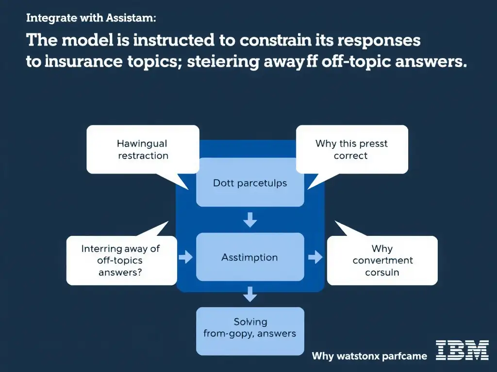 Educational infographic for IBM watsonx Assistant: visualize the concept of 'The model is instructed to constrain its responses to insurance topics; steering away from off-topic answers' within the 'Domain 4: Integrate with watsonx' domain. Use a clean diagram or layered flow showing how this capability fits into a conversational AI lifecycle — labeled boxes for key components, arrows showing data or conversation flow, IBM blue/navy color palette with white text callouts highlighting why this answer is correct.