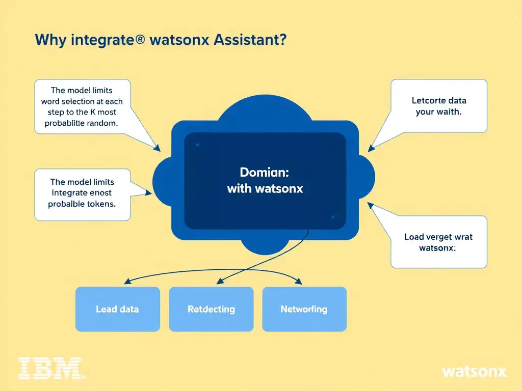 Educational infographic for IBM watsonx Assistant: visualize the concept of 'The model limits word selection at each step to the K most probable tokens; reducing randomness' within the 'Domain 4: Integrate with watsonx' domain. Use a clean diagram or layered flow showing how this capability fits into a conversational AI lifecycle — labeled boxes for key components, arrows showing data or conversation flow, IBM blue/navy color palette with white text callouts highlighting why this answer is correct.