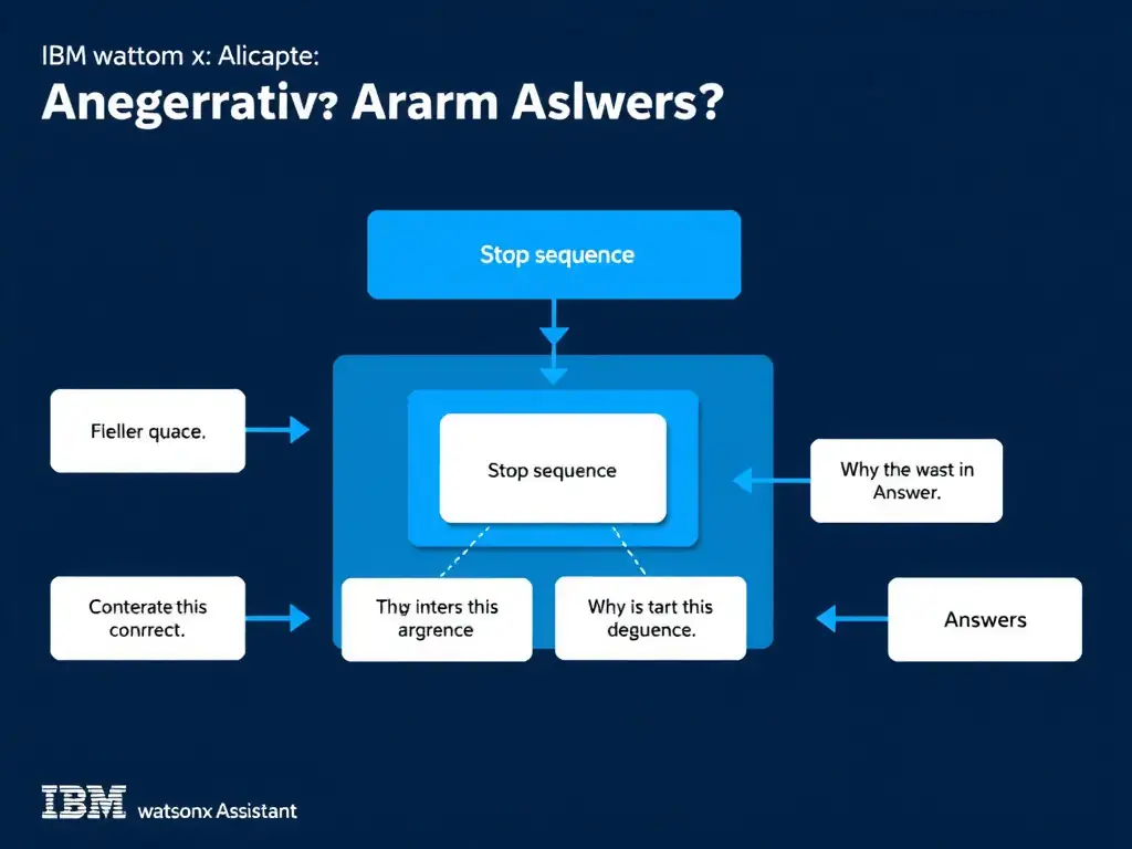 Educational infographic for IBM watsonx Assistant: visualize the concept of 'Stop sequence' within the 'Domain 4: Integrate with watsonx' domain. Use a clean diagram or layered flow showing how this capability fits into a conversational AI lifecycle — labeled boxes for key components, arrows showing data or conversation flow, IBM blue/navy color palette with white text callouts highlighting why this answer is correct.
