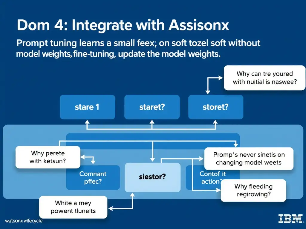 Educational infographic for IBM watsonx Assistant: visualize the concept of 'Prompt tuning learns a small prefix of soft tokens without changing model weights; fine-tuning updates the model weights' within the 'Domain 4: Integrate with watsonx' domain. Use a clean diagram or layered flow showing how this capability fits into a conversational AI lifecycle — labeled boxes for key components, arrows showing data or conversation flow, IBM blue/navy color palette with white text callouts highlighting why this answer is correct.